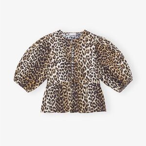 Ganni Brown and Black Leopard Print Puff Sleeve Blouse
